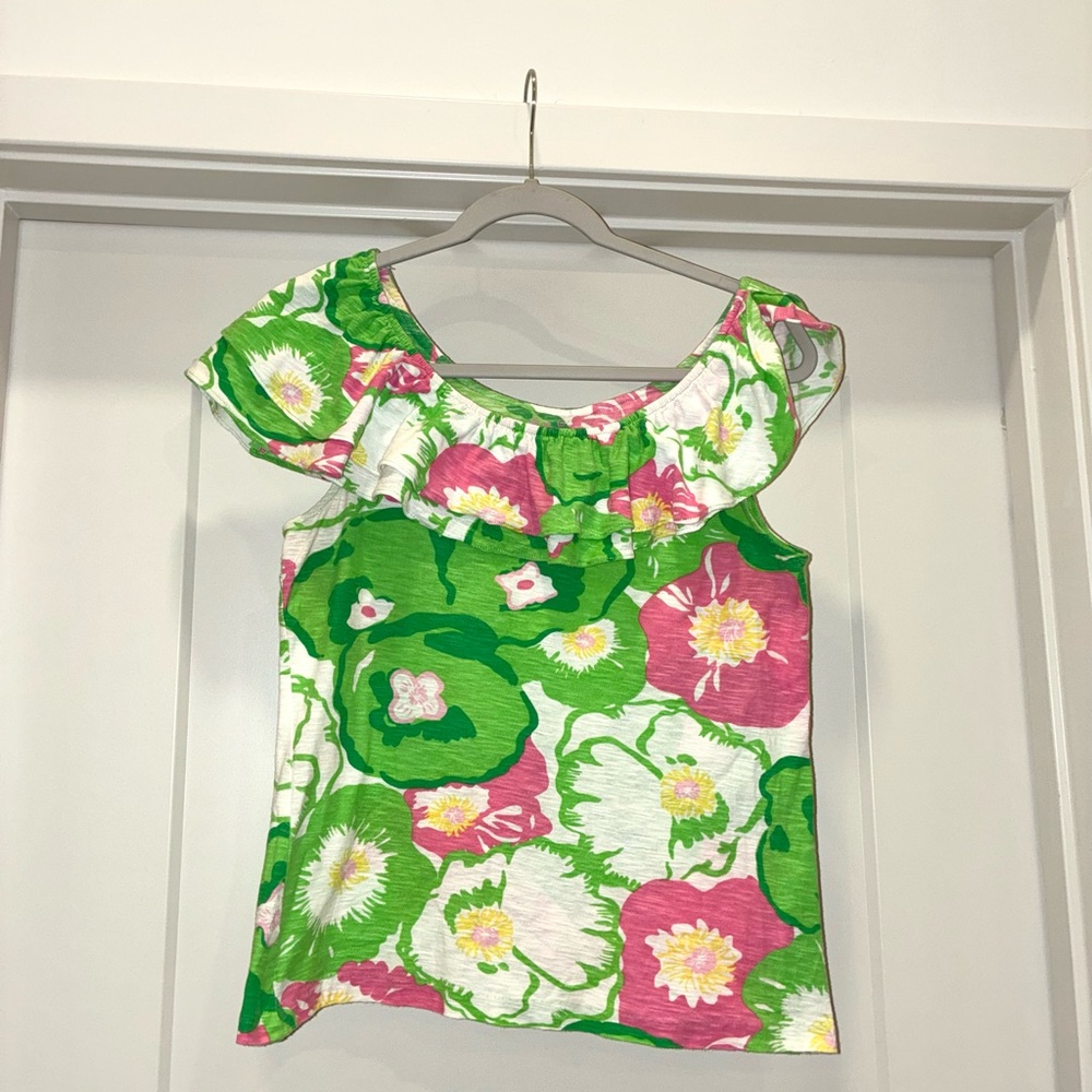 Lilly Pulitzer Green and Pink Floral Ruffle Top